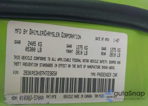 2007 Dodge Charger Rt from USA, damaged, VIN 2B3KA53H97H723650